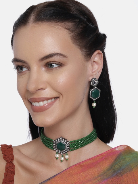 

LAIDA Rhodium-Plated And Green Beaded Jewellery Set