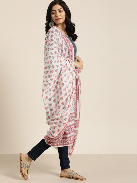 

Taavi White & Pink Sanganeri Block Floral Printed Sustainable Cotton Dupatta