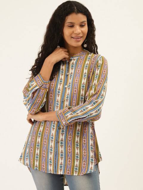 

Label Ritu Kumar Women Purple & Blue Striped High-Low Top