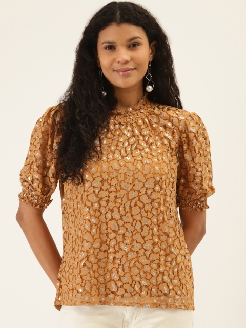 

Label Ritu Kumar Women Brown & Silver Net Printed Top