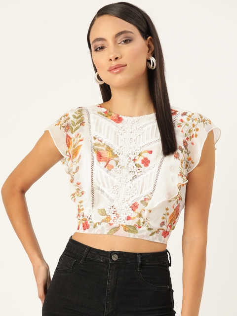 

Label Ritu Kumar Women White Floral Printed Styled Back Top