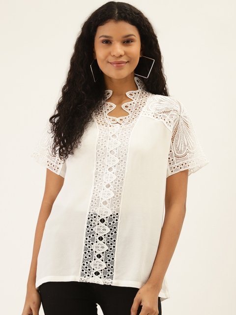 

Label Ritu Kumar Women White Semi-Sheer Lace Detail Solid Top