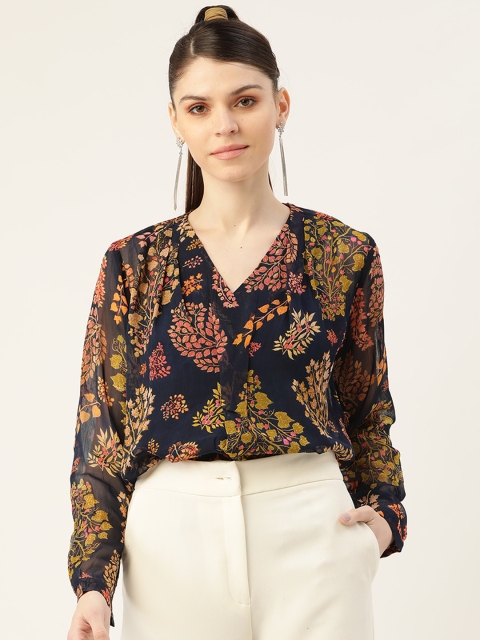 

Label Ritu Kumar Women Navy Blue & Lime Green Ethnic Print Top