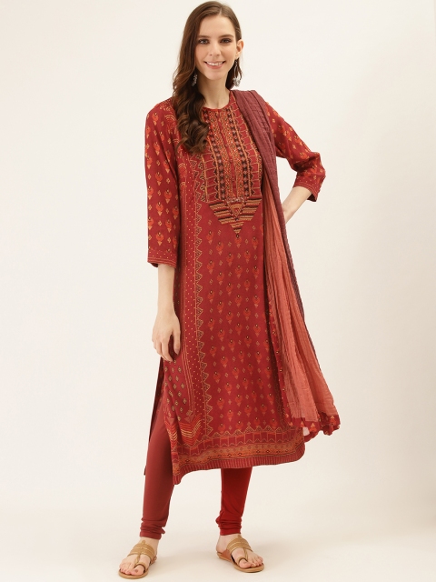 

Ritu Kumar Women Maroon & Mustard Embroidered Kurta with Churidar & Dupatta