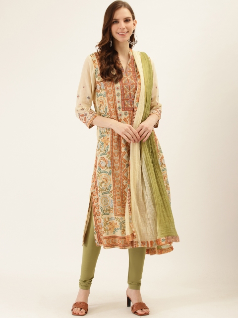 

Ritu Kumar Women Off-White & Green Floral Printed Kurta with Churidar & Dupatta