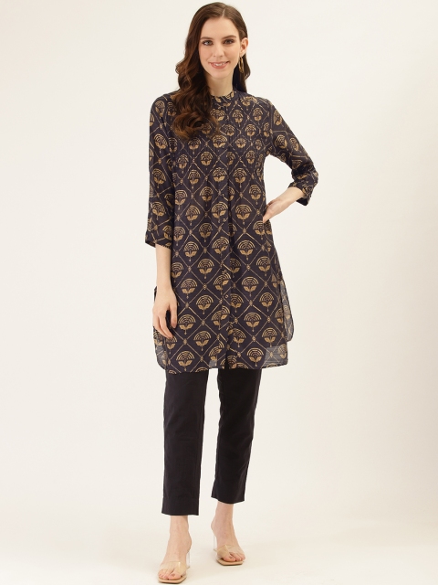 

Ritu Kumar Women Navy Blue & Golden Mandarin Collar Straight Kurti