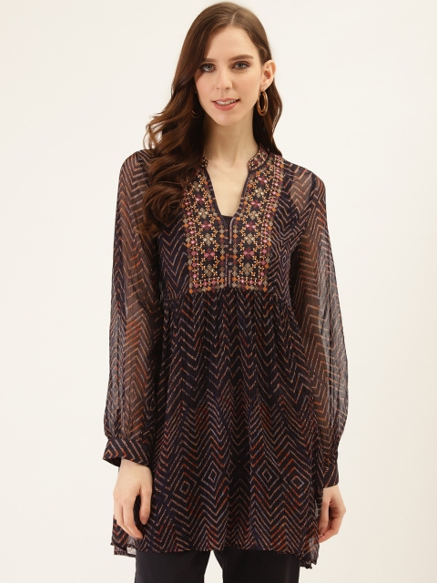 

Ritu Kumar Women Navy Blue & Rust Orange Chevron Printed Semi-Sheer A-Line Kurta