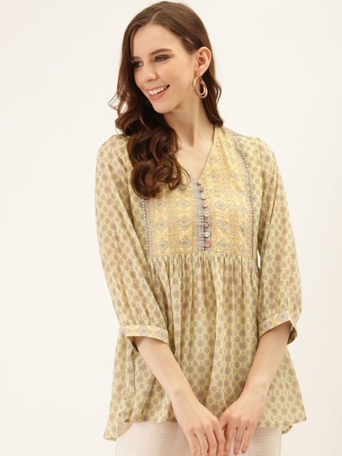 

Ritu Kumar Women Yellow & Charcoal Grey Printed A-Line Kurti