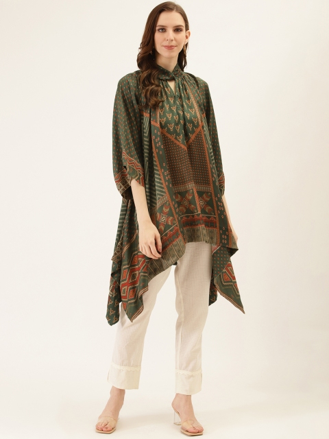

Ritu Kumar Women Olive Green & Red Printed Twisted Neck Asymmetrical Kurti