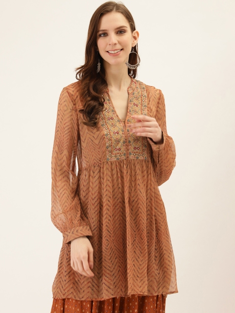 

Ritu Kumar Women Brown & Rust Orange Chevron Printed Semi-Sheer A-Line Kurta