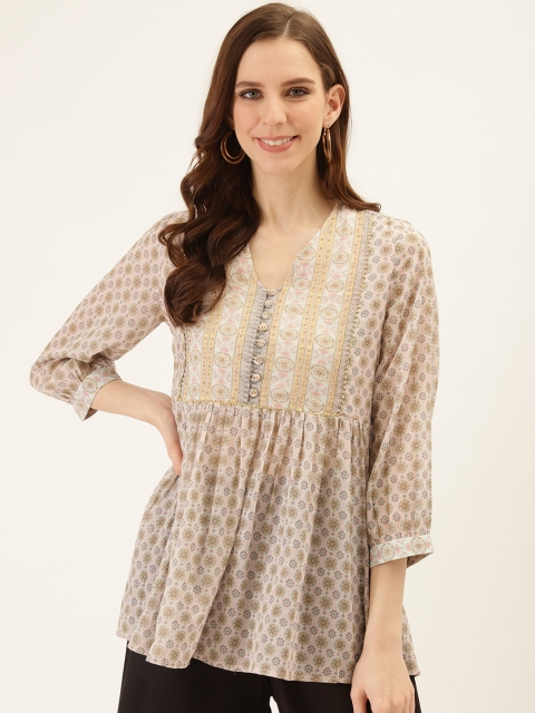 

Ritu Kumar Women Off-White & Pink Printed A-Line Kurti