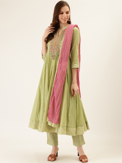 

Ritu Kumar Women Green & Pink Yoke Design Kurta with Trousers & Dupatta