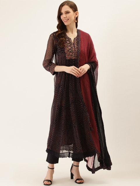 

Ritu Kumar Women Navy Blue & Mustard Embroidered Kurta with Trousers & Dupatta