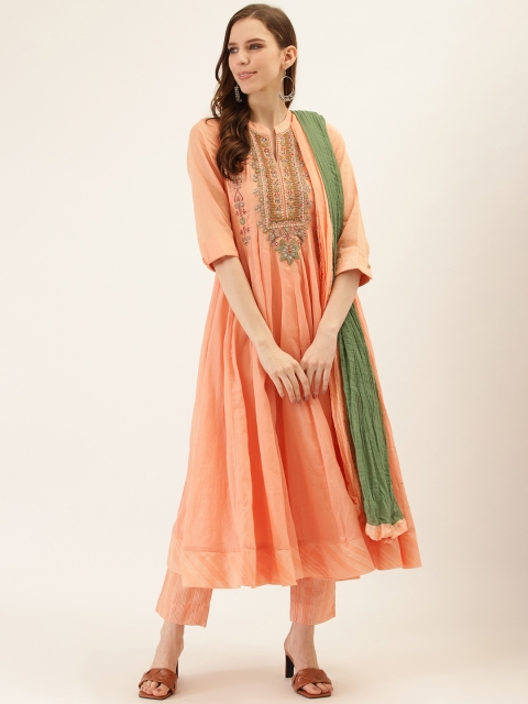 

Ritu Kumar Women Peach-Coloured & Green Yoke Design Kurta with Trousers & Dupatta