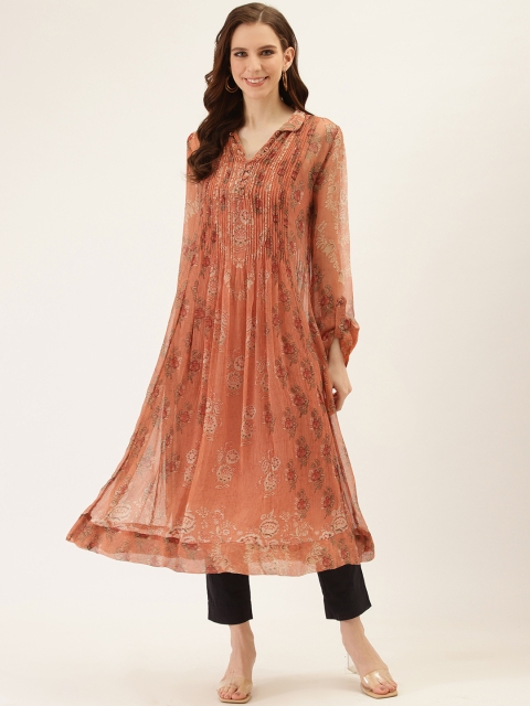

Ritu Kumar Women Peach-Coloured & Green Printed A-Line Kurta with Matching Slip