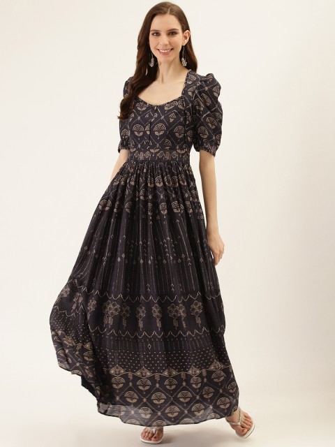 

Ritu Kumar Women Navy Blue & Golden Printed Puff-Sleeved Anarkali Kurta