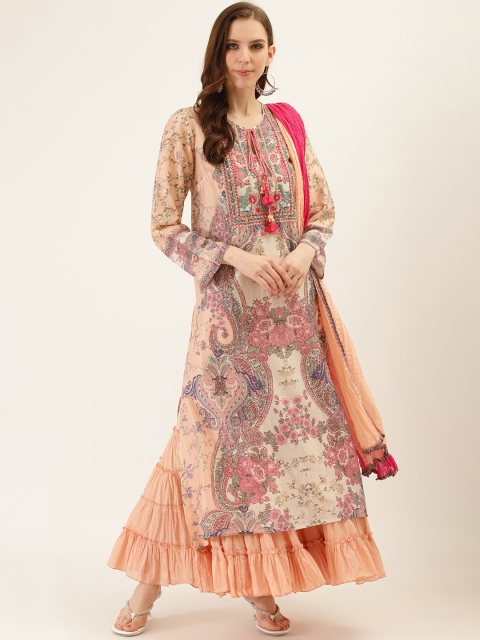 

Ritu Kumar Women Peach-Coloured & Pink Floral Printed Kurta with Palazzos & Dupatta