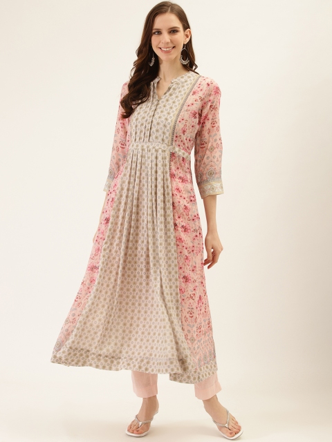 

Ritu Kumar Women Off-White & Pink Floral Printed Kurta with Trousers