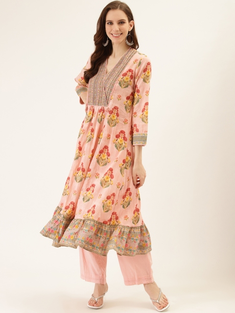 

Ritu Kumar Women Pink & Green Floral Printed Kurta with Trousers