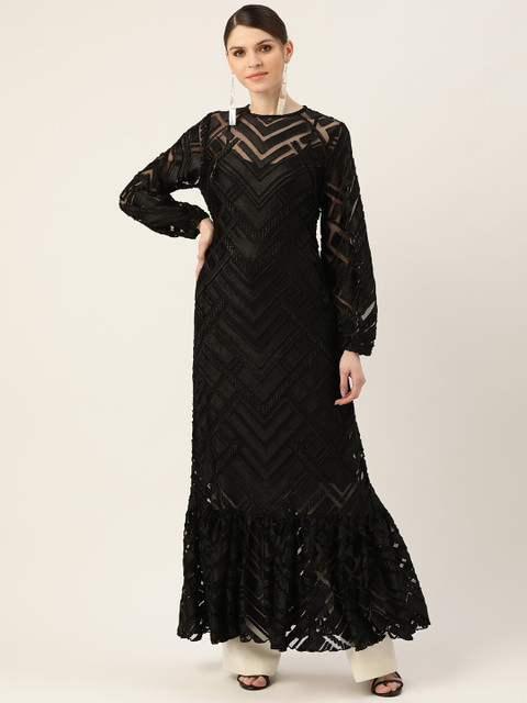 

Ritu Kumar Women Black Velvet Finish Knitted Woven Design A-Line Kurta With An Inner