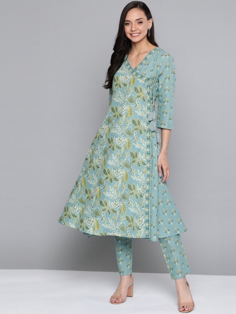

HERE&NOW Women Blue & Yellow Printed Angrakha Kurta with Trousers