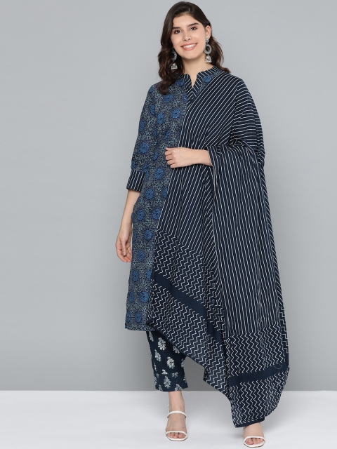 

HERE&NOW Women Navy Blue & White Printed Pure Cotton Kurta with Salwar & Dupatta