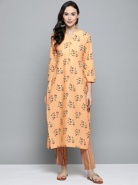 

HERE&NOW Women Peach-Coloured & Burgundy Printed Kurta with Trousers