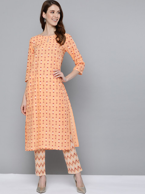 

HERE&NOW Women Peach-Coloured Printed Pure Cotton Kurta Set