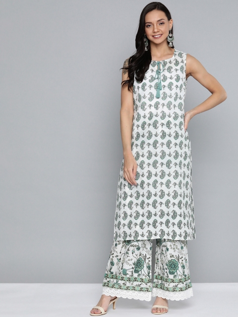 

HERE&NOW Women White & Green Printed Kurta with Palazzos