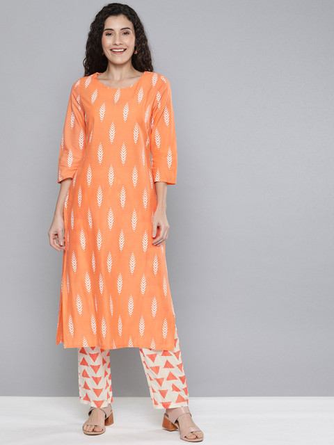 

HERE&NOW Women Orange & White Printed Kurti with Churidar