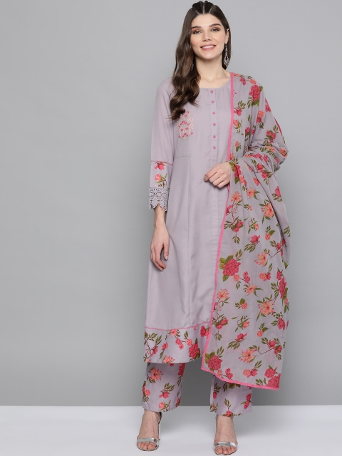 

HERE&NOW Women Grey & Pink Yoke Design Kurta with Trousers & Dupatta