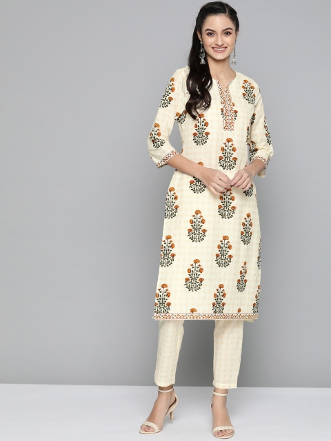 

HERE&NOW Women Off-White & Green Floral Print Pure Cotton Kurta with Trousers