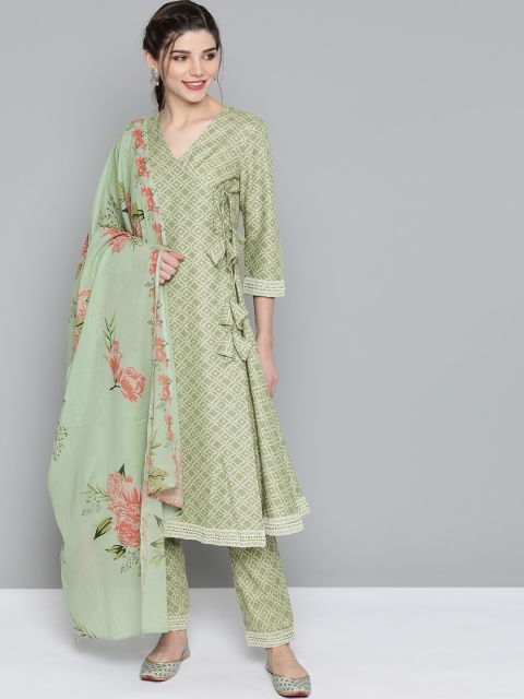 

HERE&NOW Women Olive Green & Off-White Printed Kurta with Trousers & Dupatta