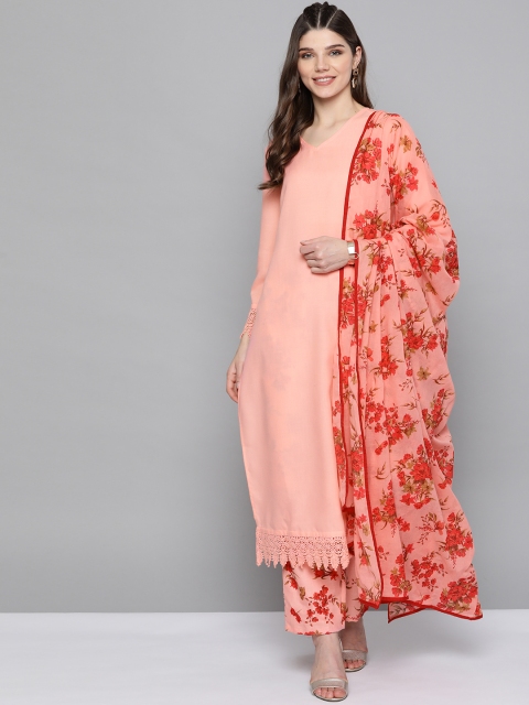 

HERE&NOW Women Pink & Red Printed Kurta with Palazzos & Dupatta