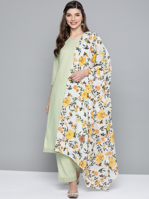 

HERE&NOW Women Green & Yellow Solid Kurta with Trousers & Dupatta