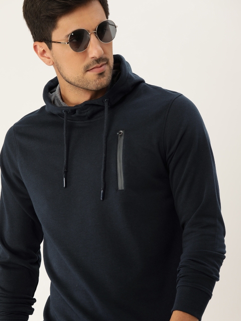 

SINGLE Men Navy Blue Solid Hooded Sweatshirt