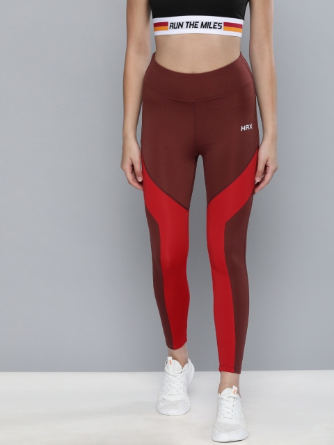 

HRX By Hrithik Roshan Women Deepest Red, Aurora Red Colourblock Skinny Fit Rapid-Dry Antimicrobial Running Tights, Maroon