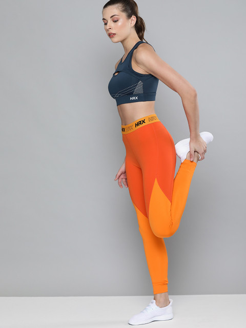

HRX By Hrithik Roshan Women Marmalade, Oxyfire Colourblock Skinny Fit Rapid-Dry Antimicrobial Training Tights, Orange
