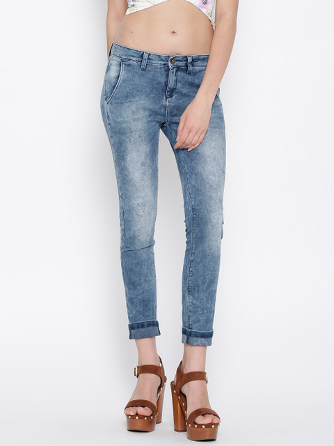 

United Colors of Benetton Women Blue Washed Mildly Distressed Skinny Fit Jeans