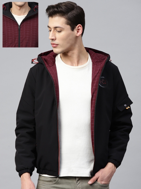 

Fort Collins Men Black & Burgundy Solid Reversible Hooded Tailored Jacket