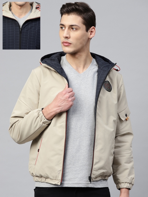 

Fort Collins Men Off-White & Navy Blue Solid Hooded Reversible Padded Jacket