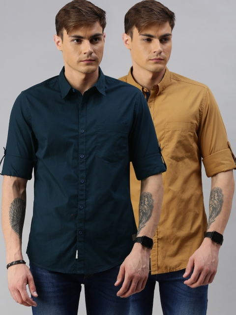 

Roadster Men Navy Blue & Brown Regular Fit Solid Casual Shirts Pack of 2