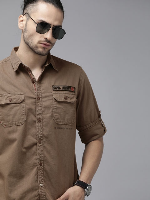 

Roadster Men Brown Regular Fit Solid Casual Shirt with Applique Detailing