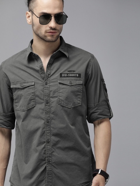 

Roadster Men Grey Regular Fit Solid Casual Shirt with Applique Detailing