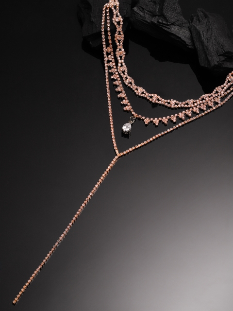 

Rubans Silver-Toned Gold-Plated Handcrafted Handcrafted Rhinestone Layered Necklace