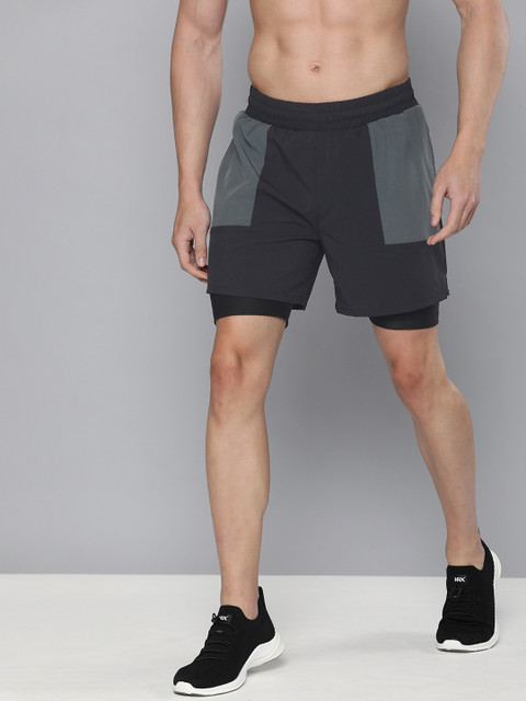 

HRX By Hrithik Roshan Men Anthratcite Colourblock Regular Fit Rapid-Dry Antimicrobial Training Shorts, Charcoal