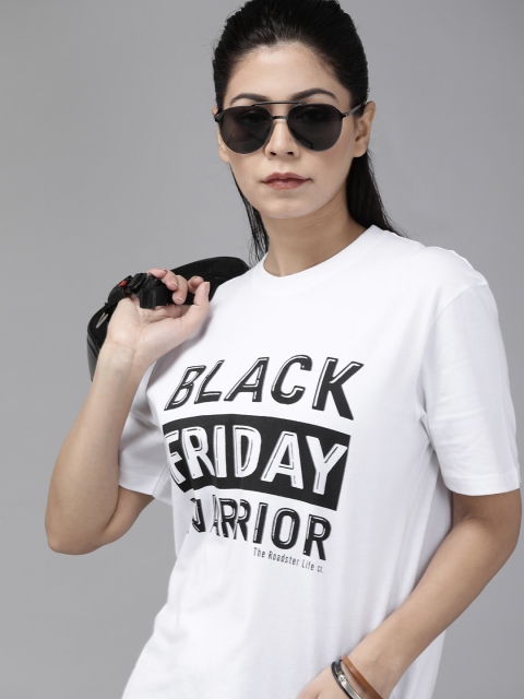 

Roadster Unisex White Black Printed Round Neck Pure Cotton T-shirt