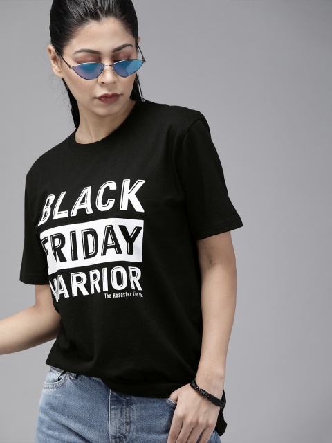 

Roadster Unisex Black Printed Round Neck Pure Cotton T-shirt