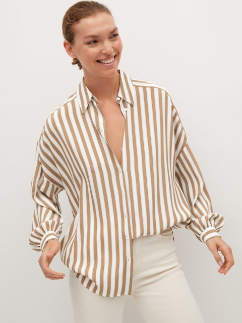 

MANGO Women Off-White & Beige Striped Regular Fit Casual Shirt