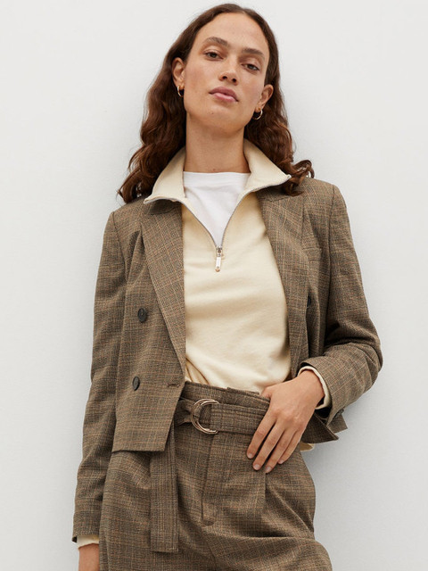 

MANGO Women Beige & Black Printed Sustainable Regular Fit Casual Blazer